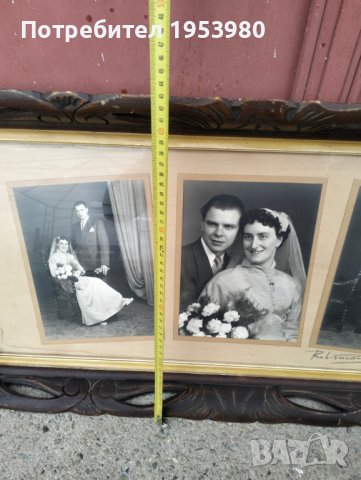 Антикварна дървена рамка с триптична сватбена снимка, снимка 3 - Антикварни и старинни предмети - 43998698