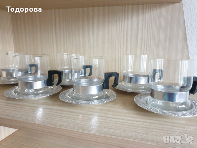 Ретро чаши за чай от йенско стъкло с метални подложки, снимка 5 - Сервизи - 35069921