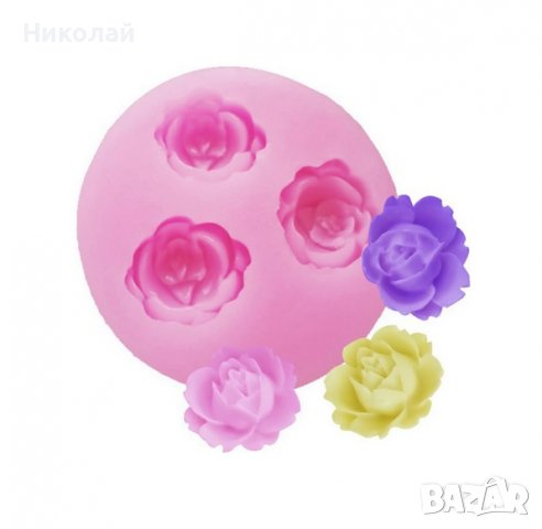 Силиконов молд 3 малки рози , роза за фондан декорация на торта , шоколад цвете , цветя