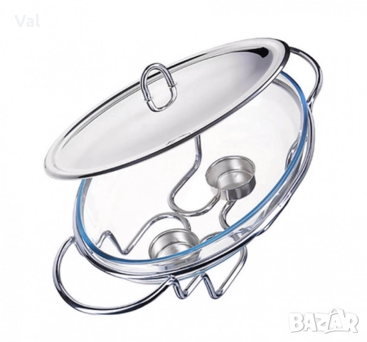 Съд за затопляне Bohmann, 3л овал, две свещи, стоманен капак, стъкло, инокс, снимка 2 - Съдове за готвене - 52478206