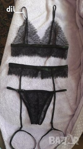 НОВИ! Дантелен черен комплект с жартиери С-ХЛ, снимка 5 - Бельо - 7486775