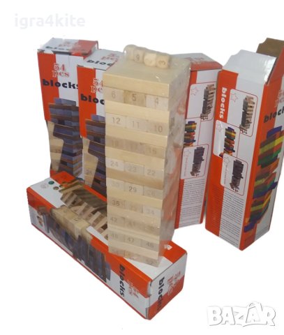 Дървена Дженга Кула с 4 зара и 54 блокчета JENGA / дървен строител , снимка 2 - Образователни игри - 26162136