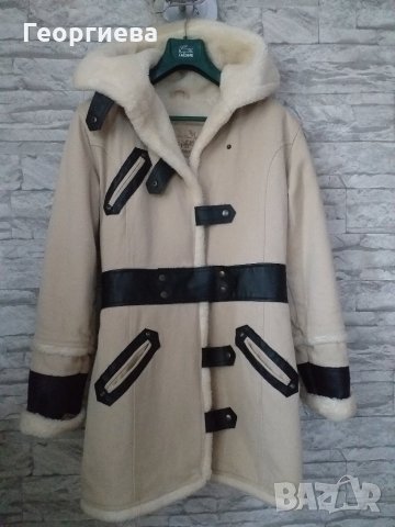 Изключително топло зимно палто в екрю с кожени декорации, снимка 2 - Палта, манта - 27615800
