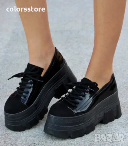 Обувки на платформа - черен лак и велур - DA60, снимка 2 - Дамски ежедневни обувки - 47758233