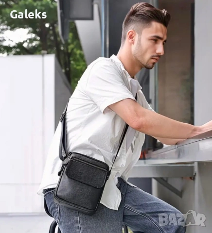 Мъжка компактна кожена чантичка с капаче / Гланцова черна естествена кожа!, снимка 6 - Чанти - 53101729