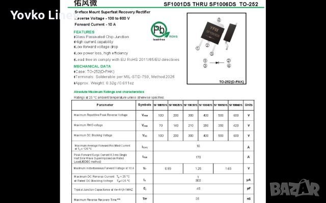 SF1006DS СУПЕРБЪРЗ ДИОД TO-252 600V 10A - 4 БРОЯ, снимка 3 - Друга електроника - 40647576