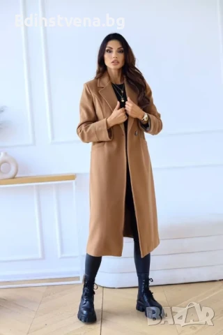 Дамско дълго елегантно бежово палто с класическа кройка, снимка 4 - Якета - 51368365