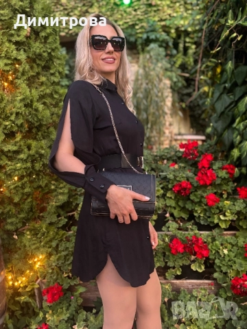 Дамска черна сатен памук рокля риза с колан и отворени ръкави , снимка 9 - Рокли - 49522099