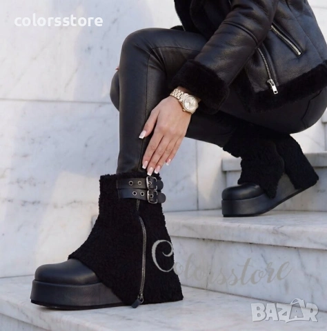 Боти на платформа - черна кожа - BPK55 