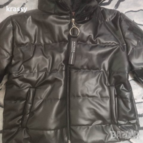 НОВО зимно късо дамско кожено яке с качулка (Л), снимка 2 - Якета - 39416885