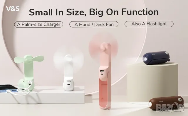  JISULIFE F8 3-в-1 мини сгъваем вентилатор с фенерче и захранваща банка 2000mAh,розов,, снимка 3 - Вентилатори - 48044079