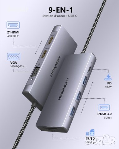 USB C докинг станция, 2 HDMI, VGA, 3 USB 3.0, SD/TF, 100 W, снимка 2 - Кабели и адаптери - 43611329