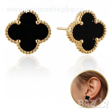 Комплект колие + обеци с черна детелина, стомана с 14-карата златно покритие, снимка 3 - Бижутерийни комплекти - 36782323