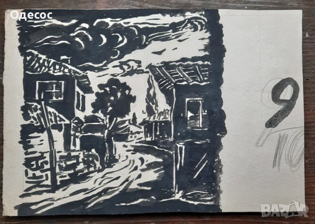 Картина "Село" на худ. Стефан Куцаров,туш на картон, снимка 3 - Антикварни и старинни предмети - 43732059