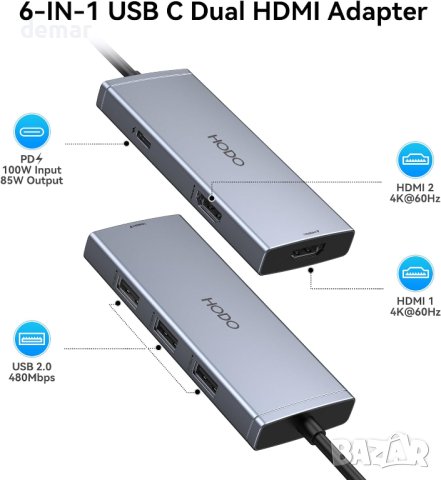 USB C към 2 HDMI адаптер за два монитора, 6 IN 1 докинг станция, снимка 2 - Кабели и адаптери - 43186808