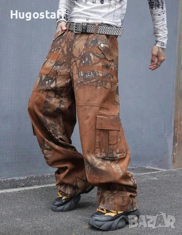 Нови baggy Casual Loose Fit Jeans дънки панталони карго кафяви камуфлажни джобове размер 32 /М, снимка 4 - Дънки - 53232825