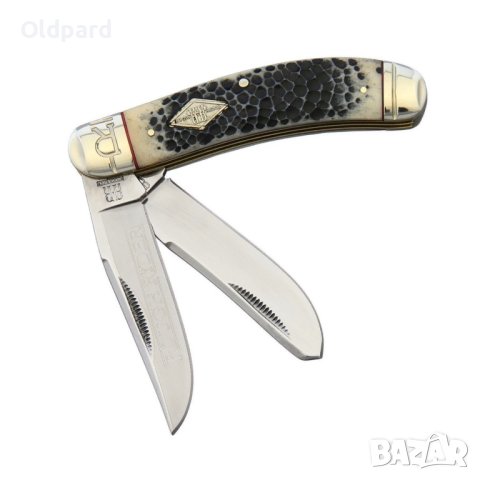 Колекционерски джобен сгъваем нож с два остриета RR Sowbelly Trapper Buckshot Bone. (RR1906), снимка 8 - Ножове - 43377114