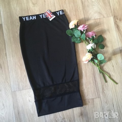 Нова Миди черна дамска пола молив, еластична, с широк ластик в талията и елемент мрежа, UK, р.XS S