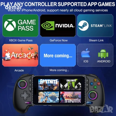 Безжичен мобилен геймпад HASACOOL за iPhone/Android с джойстик с ефект на Хол, RGB, снимка 3 - Друга електроника - 50582563