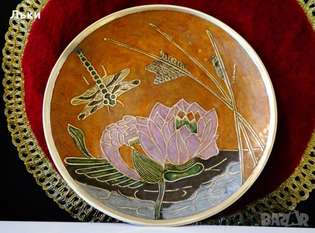 Бронзова чиния,плато,пано с картина клъчен емайл. , снимка 4 - Антикварни и старинни предмети - 43848636