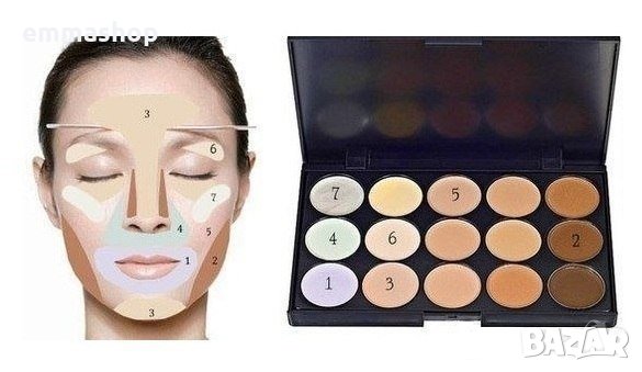 Професионален комплект № 3 15 цвята коректори + 7бр четки за грим с калъфче + гъбичка за нанасяне, снимка 6 - Комплекти и лотове - 28689608