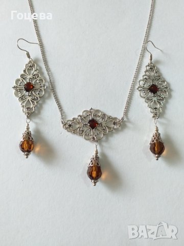 Разкошен комплект бижута с шоколадово кафяви фасетирани капка кристали и орнаменти в цвят Сребро , снимка 4 - Бижутерийни комплекти - 38374199