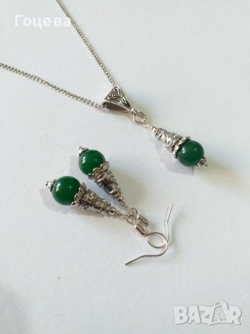 Красив комплект бижута обици и колие с камъни зелен кварц и орнаменти в цвят Сребро стил Антик , снимка 2 - Бижутерийни комплекти - 37838845