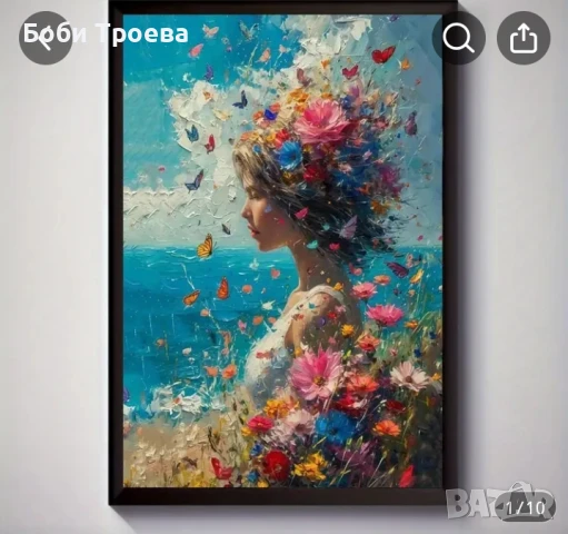 Мечтателна пеперуда и момиче с цветя, Живописен флорален стенен декор със спокойна морска гледка, снимка 3 - Картини - 50715926