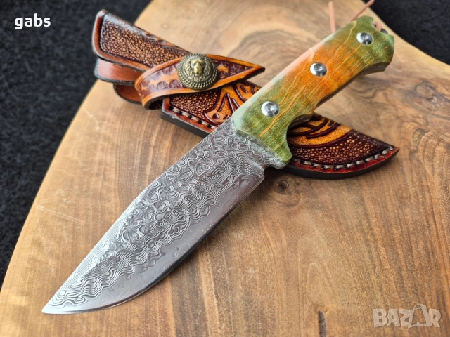 Уникален ловен нож дамаска стомана,фултанг с кожена кания LN422