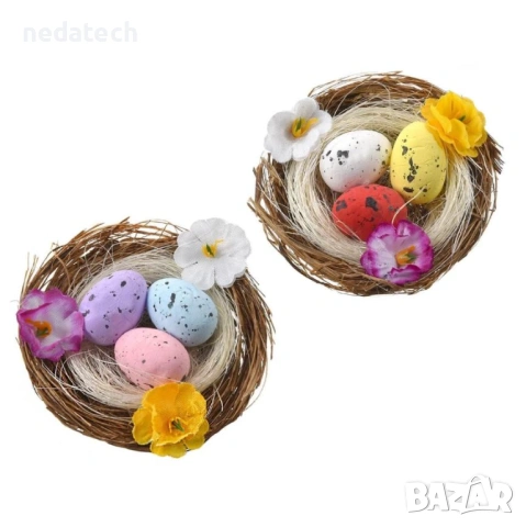 Великденски декоративни гнезда с яйца & цветя, 7x3cm - 2бр., снимка 2 - Декорация за дома - 53201563