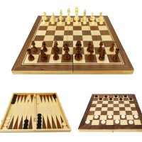 3 в 1 - Шах, дама и табла, Размери 49x49 см, Дървена шахматна дъска, от иглолистно дърво, снимка 1 - Шах и табла - 43209093