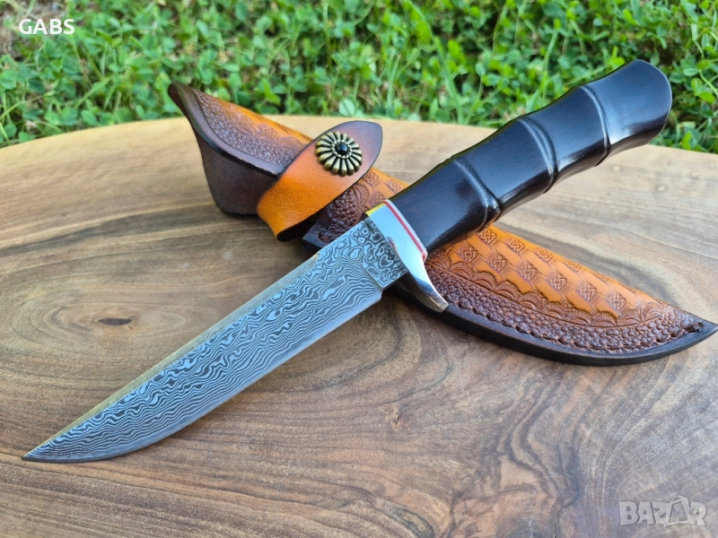 Японски ловен нож DAMASKUS AB,дамаска стомана VG10,кожена кания,LN418, снимка 1