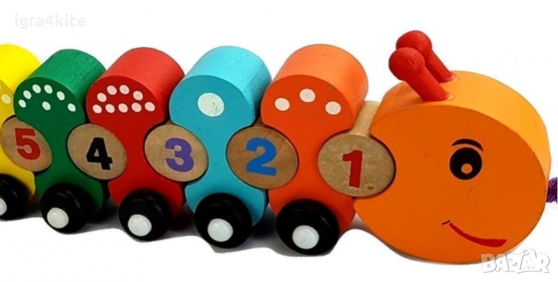 Дървено влакче 'Гъсеница На Колела' за нанизване с числа, снимка 1