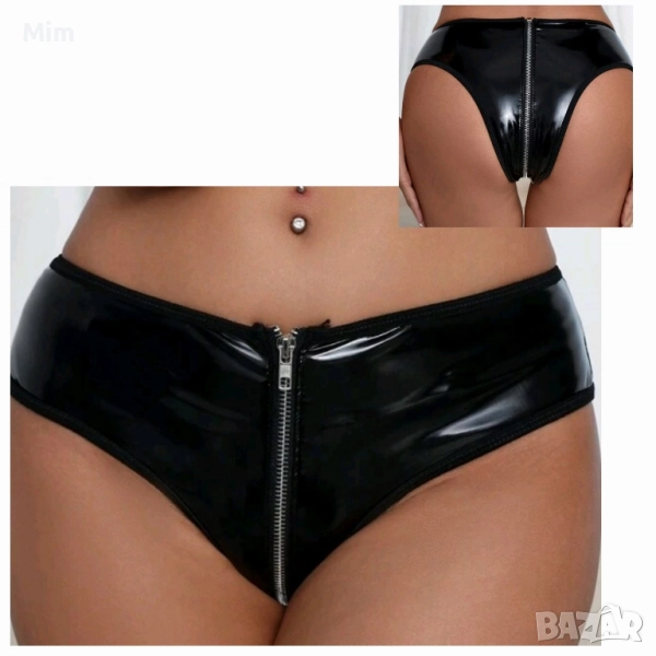 XL Черна изрязана бикина от лак / винил /с цип по цялата дължина , снимка 1