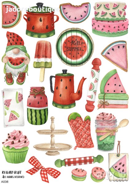 Скрапбук стикери декорация планер рецептурник диня kitchen summer watermelon самозалепващ лист А5, снимка 1