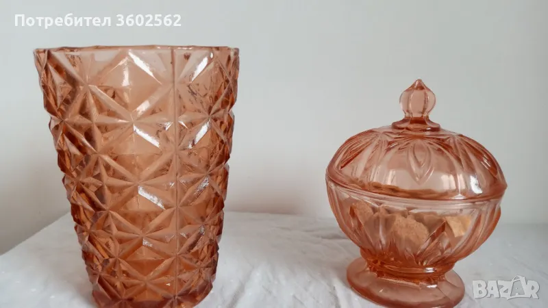 кристална захарница и ваза в бледо розово, снимка 1