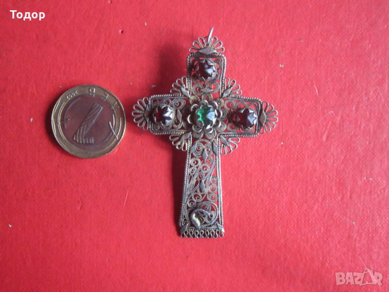 Уникален възрожденски сребърен кръст с камъни филигран, снимка 1
