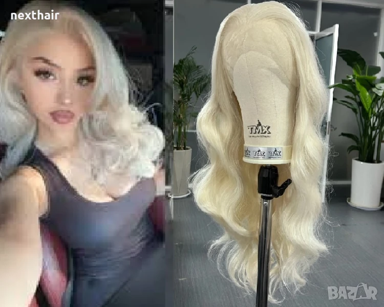 60 см Платинено бяло руса дълга къдрава синтетична перука с дантела 13X4, снимка 1