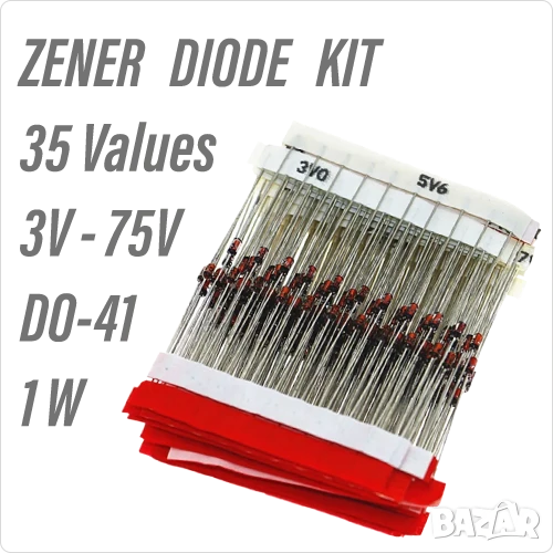 Ценеров диод - кит 35 напрежения 3V-75V :1N4761.. 1N4727;KC168A,P6KE180A,P6KE200A,P6KE350А,TL431, снимка 1