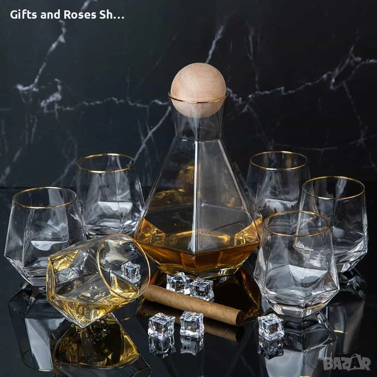 Комплект чаши за уиски 6 броя- стъкло със златен кант+ декантер, снимка 1