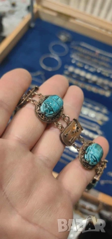 Антикварна сребърна гривна ,скарабей ,тюркоаз позлата , снимка 3 - Антикварни и старинни предмети - 53330779