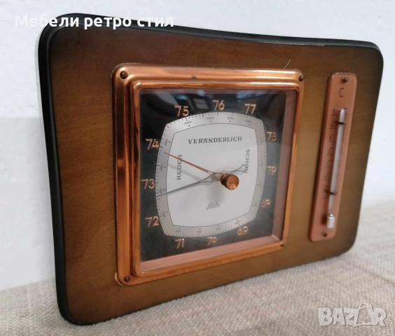 Стилен винтидж барометър с вграден термометър, изработен от дърво и метал с медни елементи., снимка 4 - Декорация за дома - 52341525