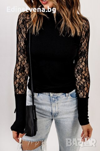 Дамска блуза в черно с дълги дантелени ръкави, снимка 4 - Блузи с дълъг ръкав и пуловери - 43503282