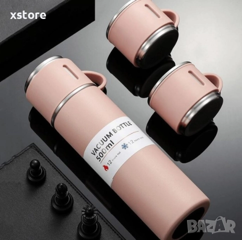 Подаръчен комплект термос с 3 чаши, зелен, розов, сив, снимка 11 - Други - 52687469