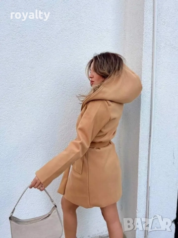 Дамско бежово палто с коланче и качулка в 3 цвята, снимка 2 - Палта, манта - 52162091