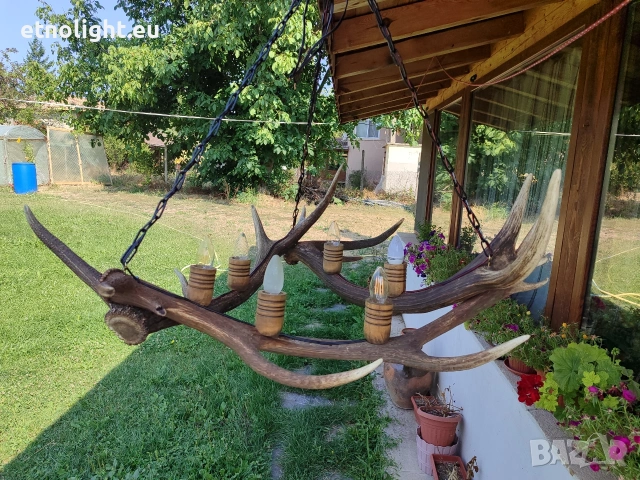 Ръчно изработени полилеи от паднали еленови рога с ръчно изработени дървени чашки , снимка 11 - Полилеи - 53441754