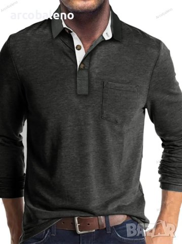Модна мъжка тениска с дълъг ръкав и ревер, 6цвята - 024, снимка 5 - Тениски - 43628815