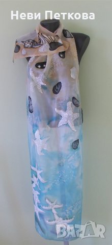 Рисуван копринен шал СТЪПКИ В ПЯСЪКА , снимка 3 - Шалове - 33506184