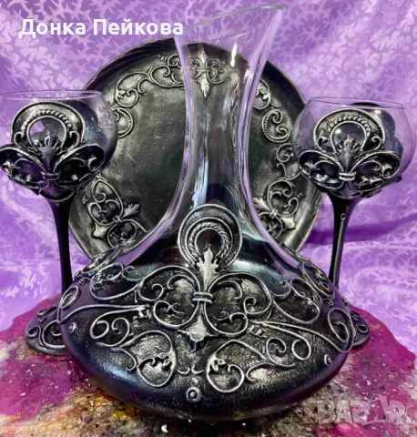 Ръчно изработен сервиз . декантер с две чаши и плато в сребро, снимка 3 - Сервизи - 49093349