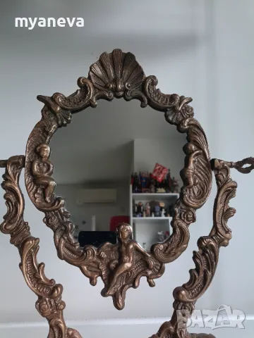 Бронзово , настолно огледало в стил Art Nouveau с релеф на херувими ., снимка 3 - Статуетки - 49155858